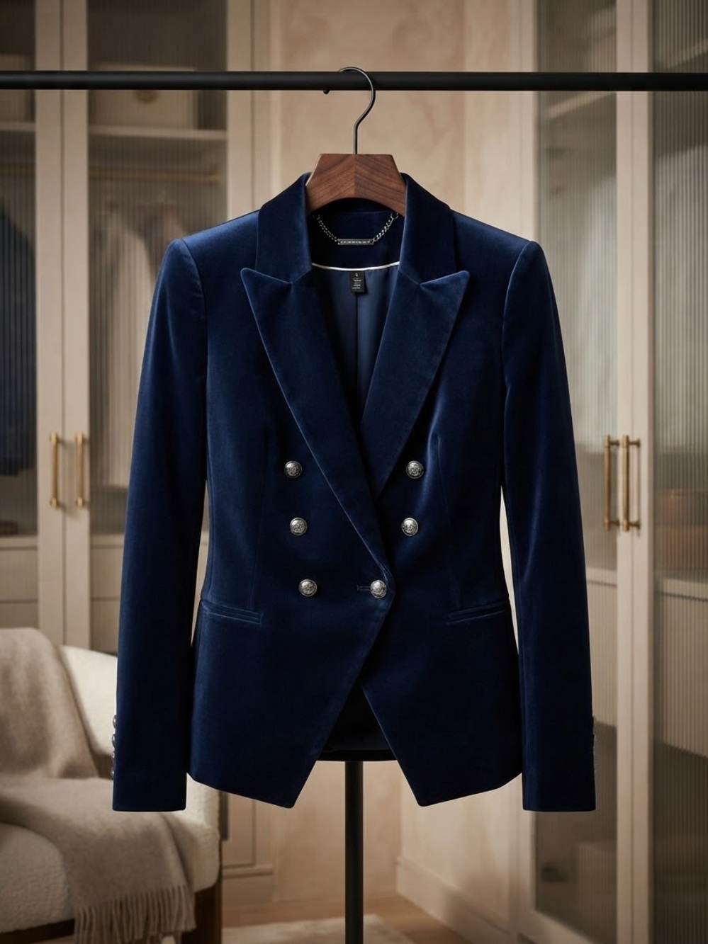 White House Black Market Navy Velvet Double-Breasted Blazer